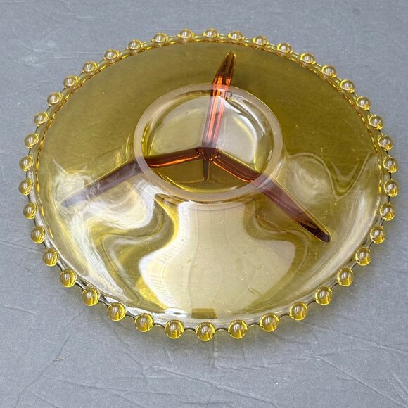Vintage Amber Glass 3 Divided Serving Plate Dish Beaded Edge 70s 80s Art Deco - Picture 5 of 10